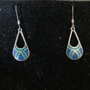 Vintage Natural Sterling Silver w/ Blue Lapis and Green Malachite Drop Earrings